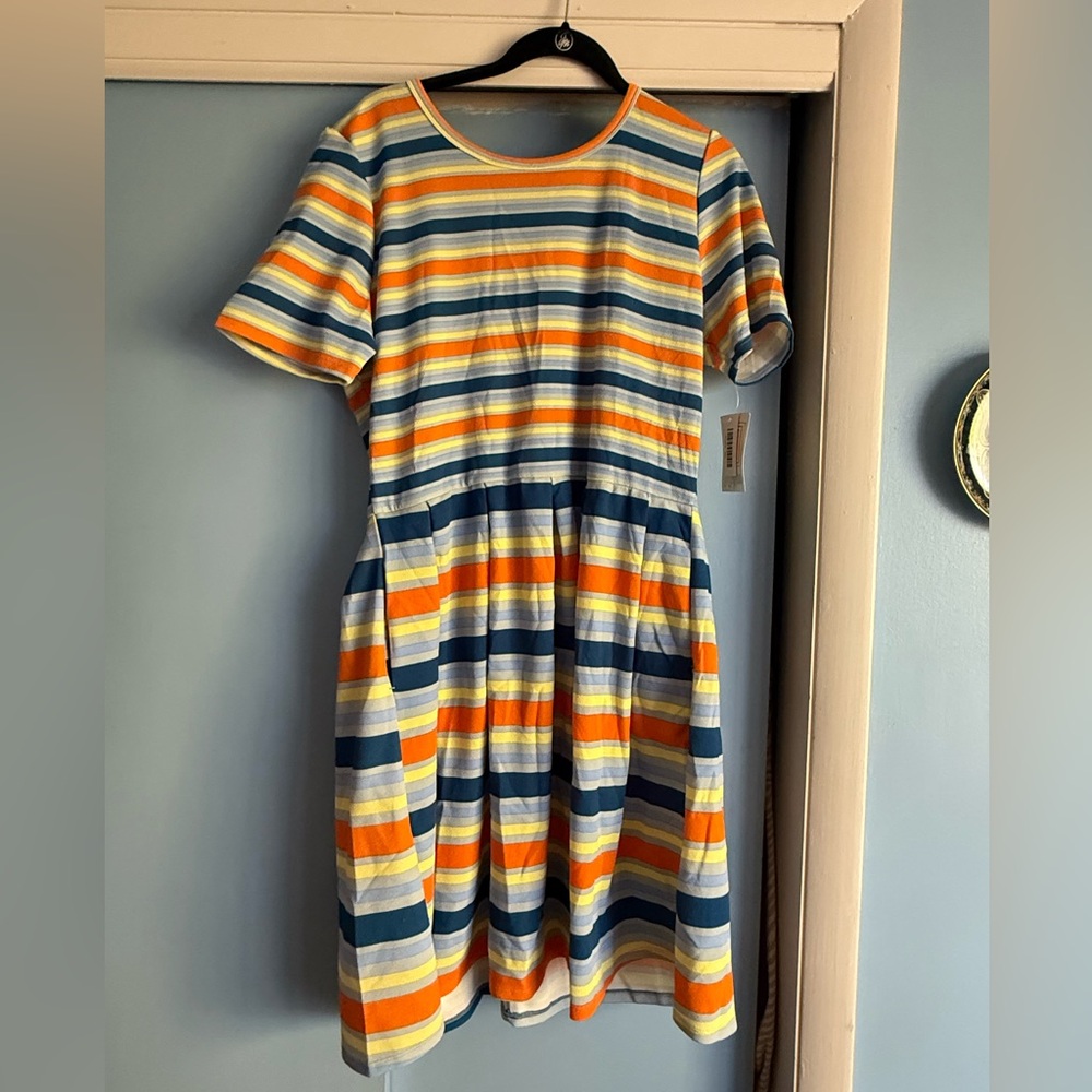 LuLaRoe Amelia Striped Dress - Orange, Blue, Yellow -3X - NWT